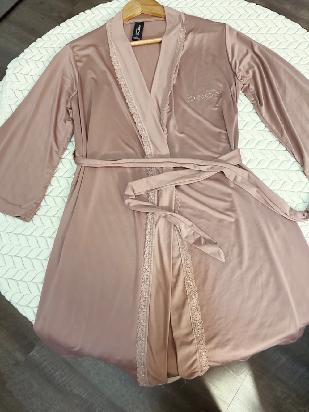 bebe Satin Lace-Trim Robe in Dusty Rose